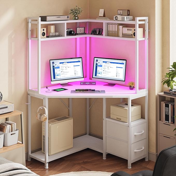 DurayLoly 63" Triangular Corner Desk with Hutch,Ample Storage for Small Room,Spacious 36" W Desktop,2 Fabric Drawers and Bottom Wooden Shelves,Versatile Computer Desk that Meets All Your Needs,White