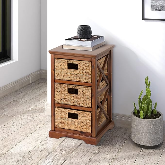 eHemco Hampton Meadows 3 Tier X-Side End Storage Cabinet with 3 Wicker Baskets, Walnut