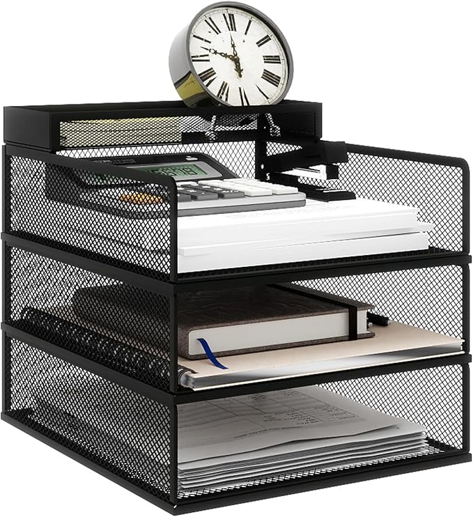 Natwind 3 Tier Stackable Paper Trays for Letter Documents, Desktop File Organizers for Office Supplies, Metal Mesh Desk Organizer,Office Organizer,Letter Trays for Home, Office, School,Black
