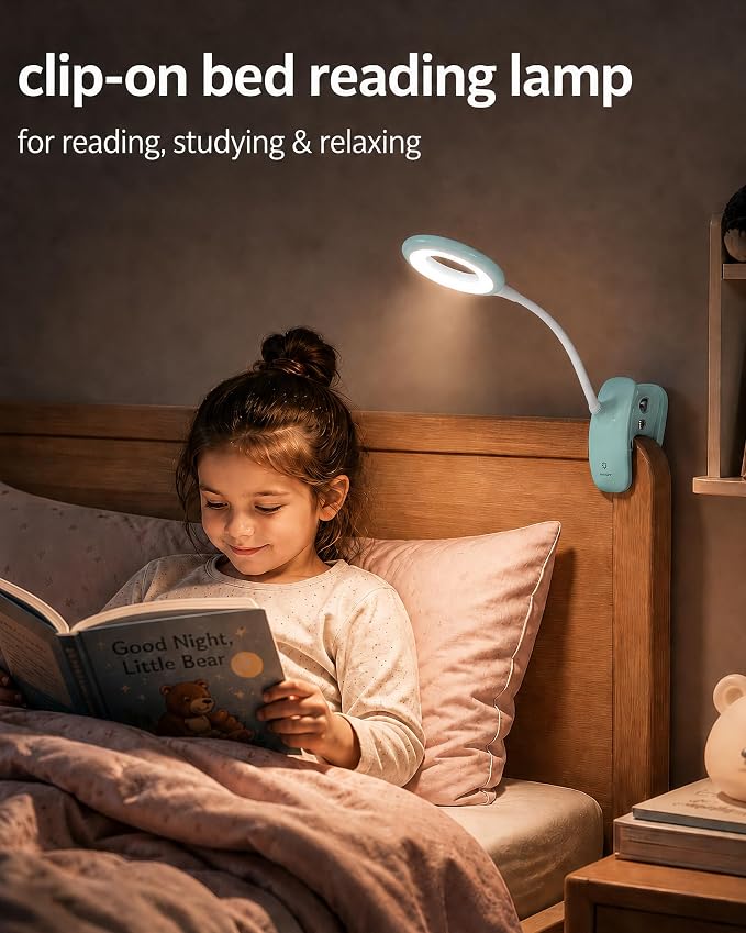 Clip On Reading Light for Bed Headboard, USB Rechargeable Cordless Clamp Lamp for Dorm Room Essentials, Touch Dim, 3 Colors, Eye Protect LED Desk Lamp for College Dorm Room, Gooseneck,Green