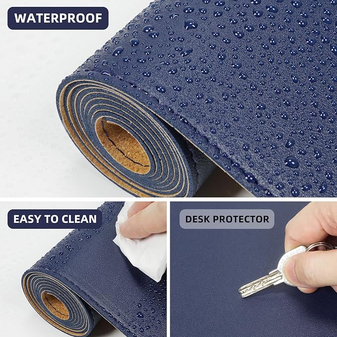 AFIING Cork Desk Mat 23.6 x 13.7, Dual-Sided Cork & PU Leather Desk Pad, Waterproof Non-Slip Desk Protector for Home Office, Study Desk & Minimalist Workspace Blue