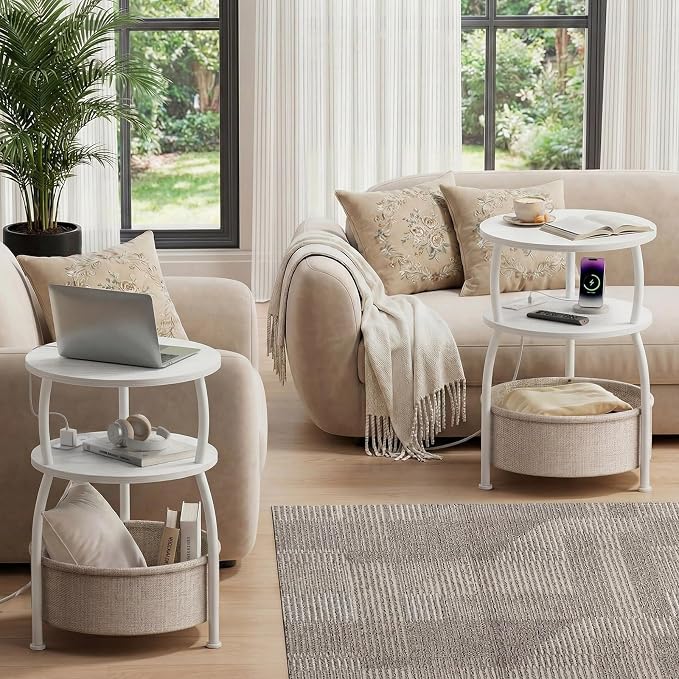 Round End Table with Charging Station, USB Ports, 15.75in Small Side Table with Storage Basket, Coffee Table Sofa Side Table for Small Spaces, Nightstand for Living Room Bedroom Matte White