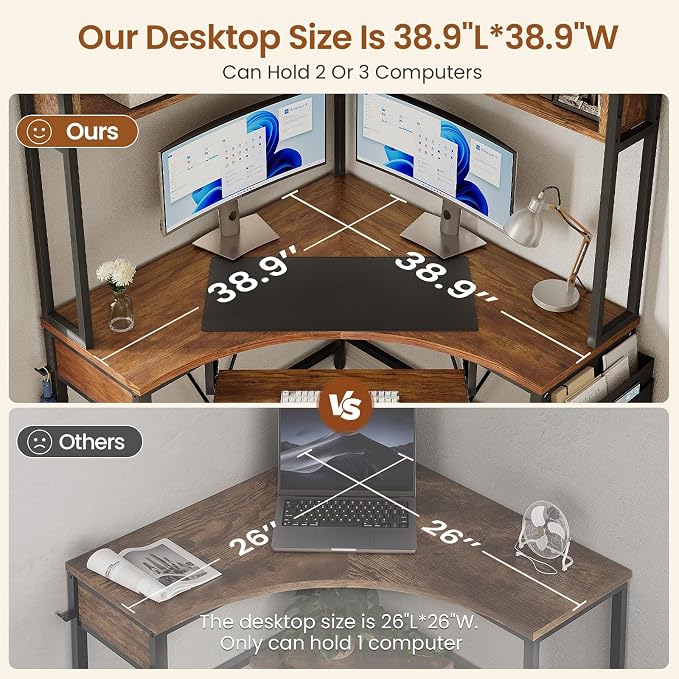 SEDETA Corner Desk, 39" W x 62" H Small Office Desk with Hutch & LED Lights, Triangle Gaming Computer Desk with Keyboard Tray, Storage Bag, and Headphone Hook for Small Space, Rustic Brown