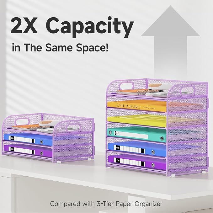 Cawukege 6 Tier Paper Organizer, Purple Letter Tray with Handle, Mesh Desk Organizer, Metal File Organizer, Office Desk Accessories for Home, Office, Classroom, School