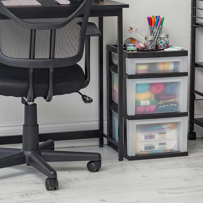 IRIS USA Plastic Drawer Storage Organizer Rolling Cart, 3-Drawers, for Classroom Art Craft Supplies Dresser Closet Bathroom Laundry Room, Black/Pearl