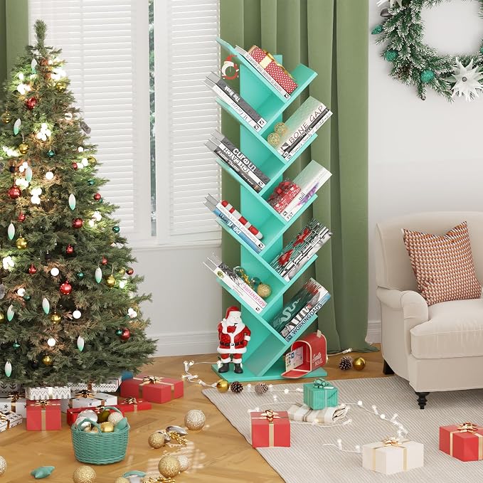 SHEEPAM 10 Tier Tree Book Shelf, Floor Standing Wood Bookshelf for Narrow Space, Storage Organizer Bookshelves for Books/CDs/Magazine, Bookcase with Shelves for Home Office, Living Room - Green