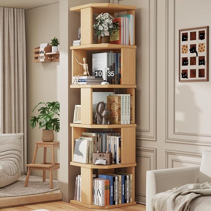 5 Tier Square Bookshelf Tower, Floor Standing Corner Bookshelf Modern Organizer Storage Display Rack for Home Office Living Room Study, Small Spaces