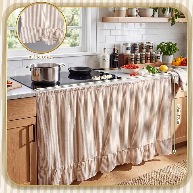 VitalCozy Cabinet Curtain 28" W x 51" L Sink Skirt for Bathroom Kitchen Brown Stripes Ruffles Short Curtain for Home Classroom Farmhouse Rustic Drape Under Desk Privacy Drape for Laundry Room