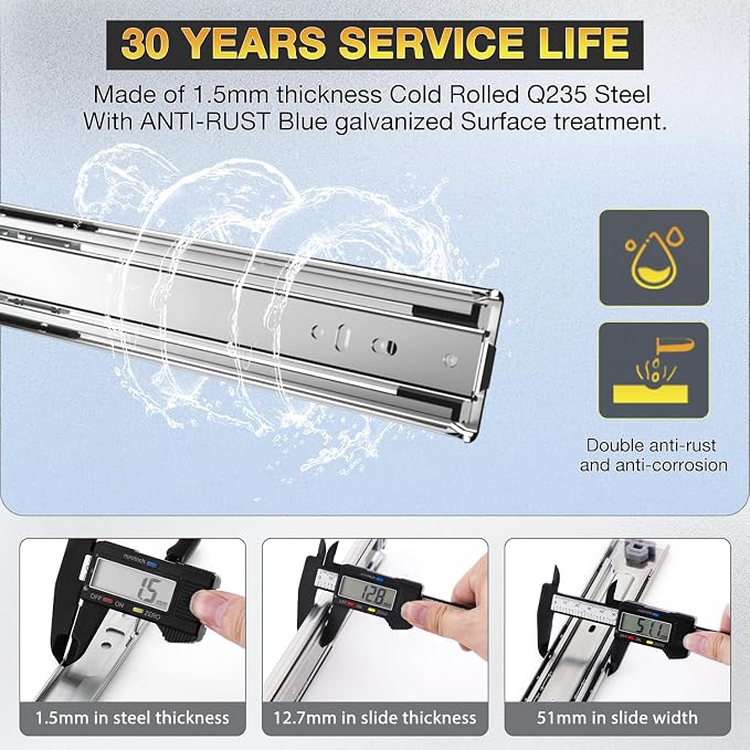 YENUO Heavy Duty Drawer Slides Full Extension Side Mount 12 14 16 18 20 22 24 26 28 30 32 34 36 40 Inch Metal Rails Track Guide Glides Runners 100 Lbs 1 Pair (Without Lock, 36 inch)