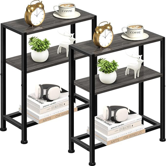 Narrow Side Table Set of 2 for Small Space, 2-Tier Small End Table with Shelf Holder, Slim Nightstand, Skinny Snack Couch Table in Living Room, Bedroom, Study, Kitchen and Balcony (Grey)