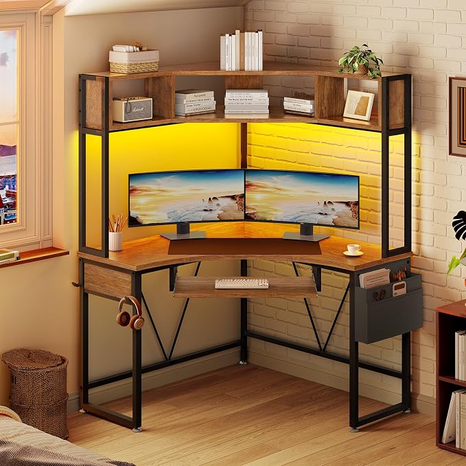 SEDETA Corner Desk, 39" W x 62" H Small Office Desk with Hutch & LED Lights, Triangle Gaming Computer Desk with Keyboard Tray, Storage Bag, and Headphone Hook for Small Space, Rustic Brown