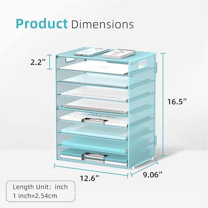 DALTACK 9-Tier Paper Organizer for Desk, Mesh Letter Tray Desk Organizer with Handles, Space-Saving File Organizer for Office Home School, Blue