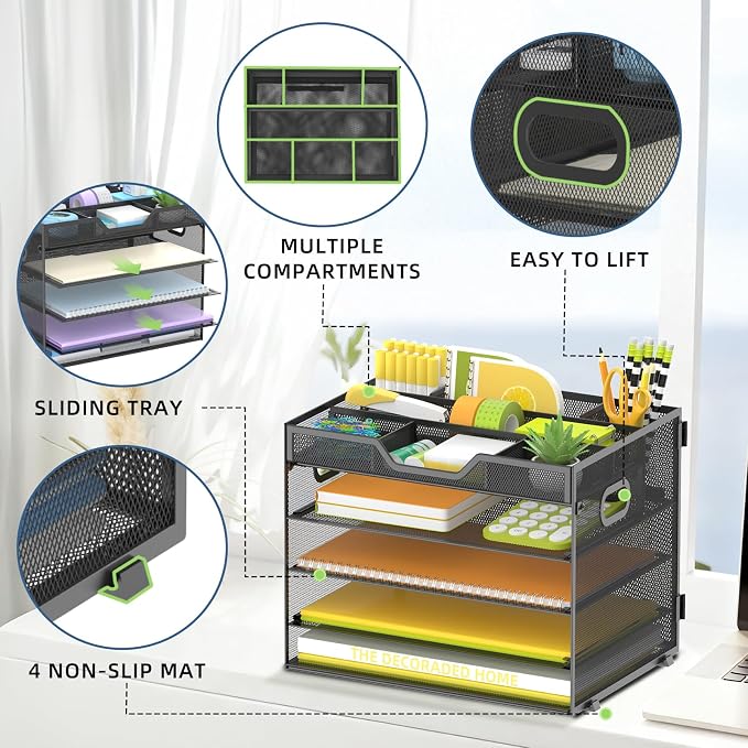 SUPEASY 5 Tier Desk Organizer, Mesh Letter Tray Paper Organizer with 4 Adjustable Storage Compartments & Pen Holder, Metal Desk Accessories for Home Office School, Black
