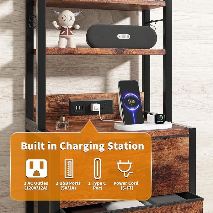 Tall Nightstand with LED Light, LED Night Stand with Charging Station and USB Type C Port, Bedside Table with 4 Fabric Drawers for Bedroom, Dorm, Office (Brown)