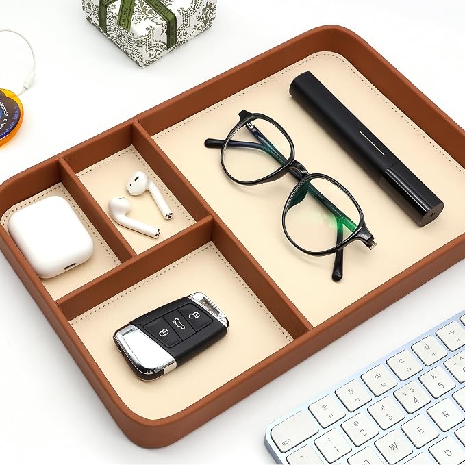 Vegan Leather Valet Tray for Men - Modern Nightstand Organizer for Keys, Wallet, Watch & EDC Essentials, Eco-Friendly & Stylish Storage(Brown)