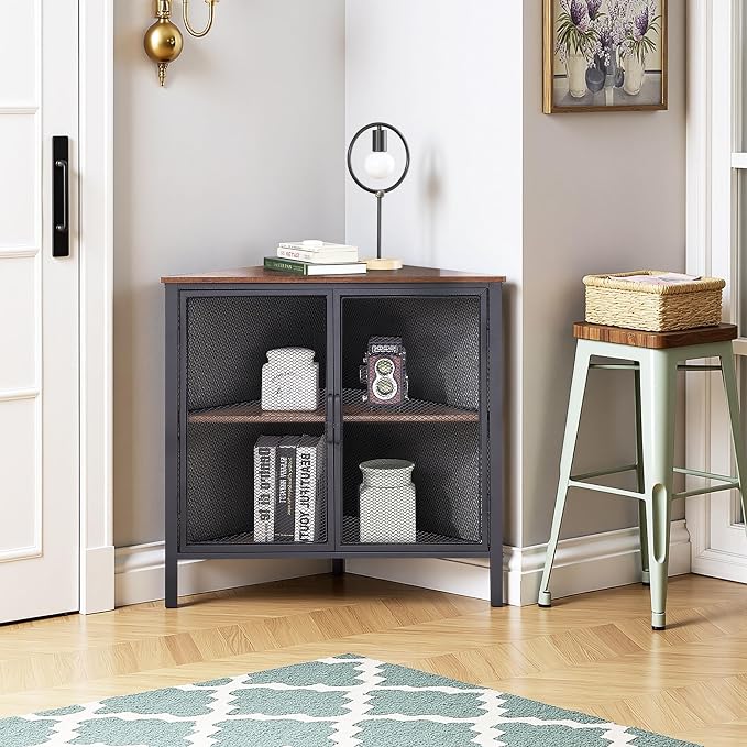 VECELO 3-Tier Corner Table,Cabinet with Mesh Door,Corner Shelf Stand,Metal Frame Storage Shelf Organizer Display Shelves for Bedroom,Wall Corner,Living Room,Kitchen,Bathroom