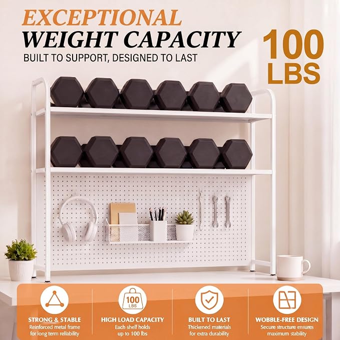 Leinuosen Desktop Shelf for Dorm Desk Hutch Bookshelf with Pegboard and Hooks 2 Tier Organizer Countertop Storage Bookcase Metal Hutch Display Rack with Hooks for Home Office College Dorm