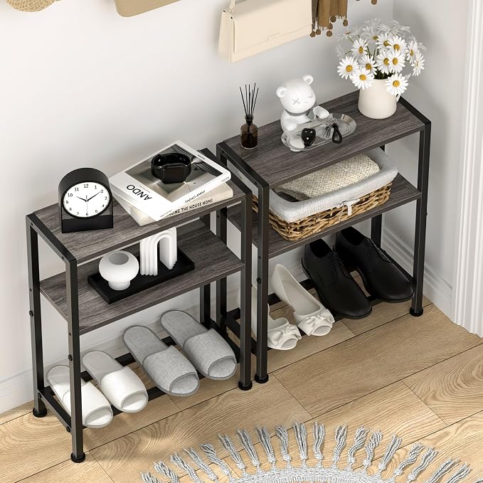 Narrow Side Table Set of 2 for Small Space, 2-Tier Small End Table with Shelf Holder, Slim Nightstand, Skinny Snack Couch Table in Living Room, Bedroom, Study, Kitchen and Balcony (Grey)