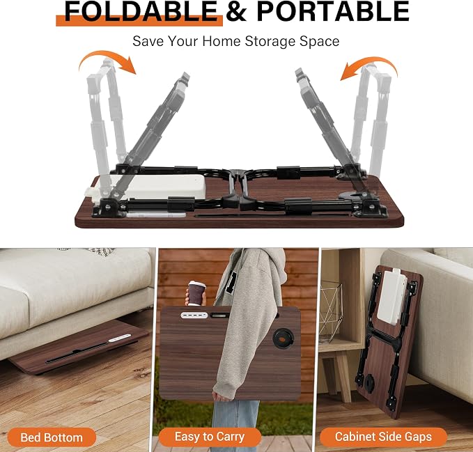Lap Desk for Bed, Adjustable Laptop Desk with USB Charging Port, Storage Drawer & Bookshelf — Foldable Bed Desk for WFH & Students, 23.6" Desktop Fits 21" Laptop, Non-Slip, Walnut