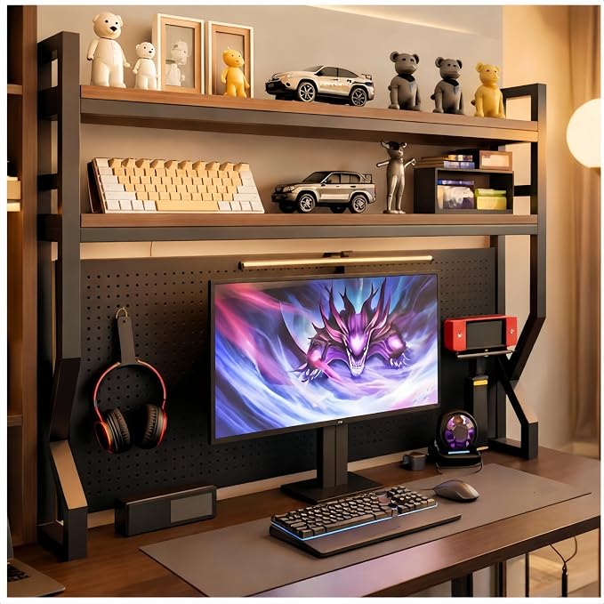 Desktop Hutch Bookshelf,Many Gifts,Metal Desktop Bookcase with pegboard, Desk Shelf, Countertop Storage Organizer Rack for Dorm or Office,Desktop Shelves (Natural+Black, 45.3" Lx9.9 Wx39 H)