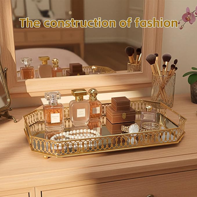 Durable Decorative Organizer for Dresser, Bedroom, Bathroom Countertops - Spacious with Handle in Your Desk Space Scratch-Resistant - Gold(Large)