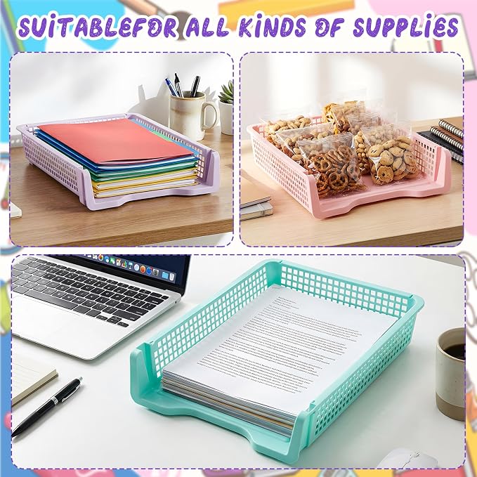 Tenceur 12 Pcs Turn in Trays Classroom, Stackable Tray for Classroom Plastic Storage Baskets Teacher Organizers for Library Drawers Office Desk, 13.3 x 9.5 x 2.7 Inches (Pastel Colors)