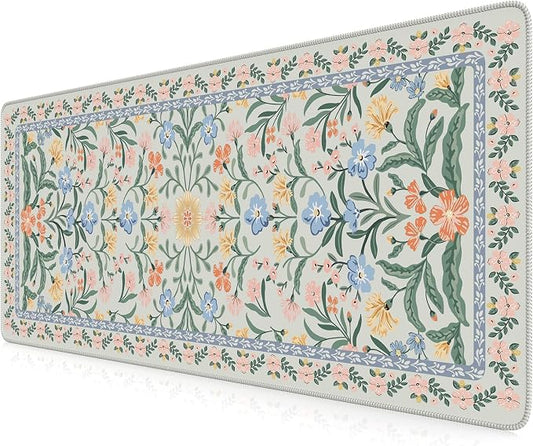 iCasso Aesthetic Floral Desk Mat, L Mouse Pads, Anti-Slip Mousepad with Stitched Edges, Waterproof Computer Pad 11.8"x31.5", Green Desk Accessories Office Decor for Women(Green Floral)