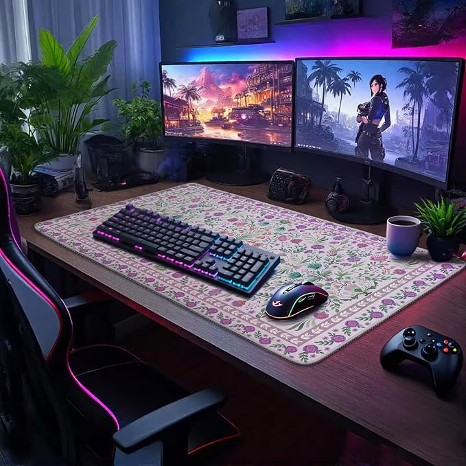 Purple Floral Desk Mat, 31.5"x15.7" Large Mouse Pad, Anti-Slip Rubber Base Keyboard Pad with Stitched Edges, Water-Resistant Smooth Desk Blotter, Computer Mat for Home Office Desk