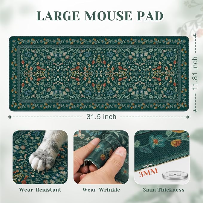 iCasso Aesthetic Floral Desk Mat, L Mouse Pads, Anti-Slip Retro Mousepad with Stitched Edges, Waterproof Computer Pad 11.8"x31.5", Desk Accessories Office Decor for Women(Deep Green)