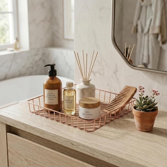 Elegant Gold Wire Desk Tray Organizer - Multipurpose A4 Letter Size File Tray, Premium Metal Mesh Document & Magazine Holder, Storage Basket for Office, Vanity, & Bathroom, Rose Gold, 2 Pack