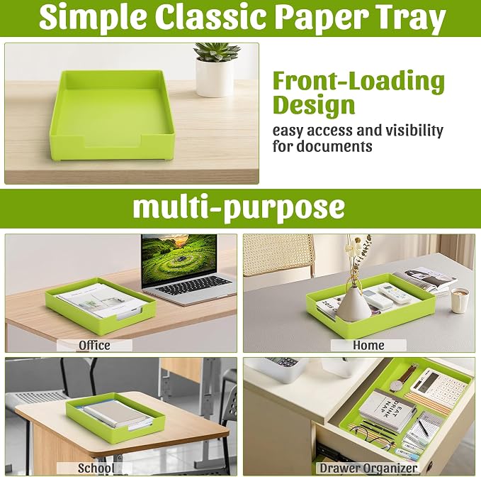 Letter-Size Tray Desk Letter Tray Paper Tray, Sturdy Heavy-Duty Plastic Printer Paper Tray, Single-Tier Stackable File Storage Organizer for Office Home (Green)