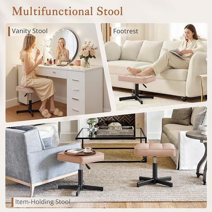 LUE BONA Adjustable Vanity Stool, 15''-19.5'' Foot Rest Under Desk, 360° Swivel Vanity Chair for Makeup Room, Rose Gold Upholstered Faux Leather Ottoman for Bathroom & Living Room, 300lbs