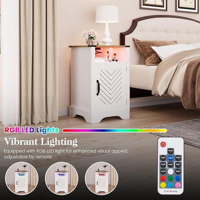 RoyalCraft 25" Tall LED Nightstand Set of 2, Farmhouse Nightstand with Charging Station, Large End Table with Storage, Wooden Rustic Bedside Table for Bedroom, Home Office, White and Rustic Oak