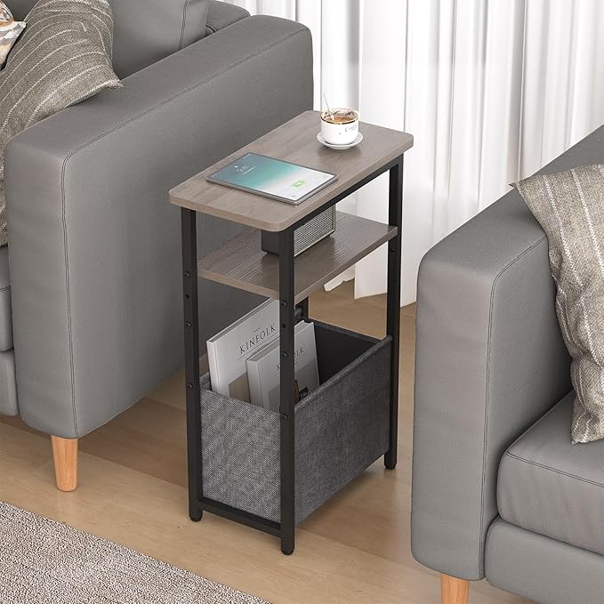 sthmec Narrow Side Table, Skinny End Tables with Fabric Basket, Small Side Tables for Small Space, 2-Tier Open Shelves with Basket, Slim Nightstands for Bedroom,Living Room,Office, Grey