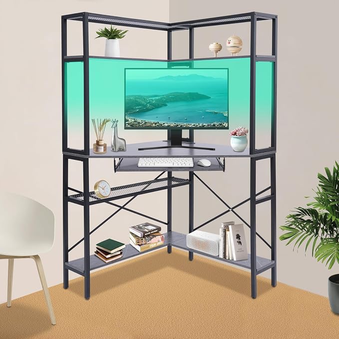 Corner Desk with Hutch, 90 Degrees Triangle Computer Desk w/Keyboard Tray & Bookshelves for Small Space Space Saving Writing Desk w/Storage Shelves for Bedroom Apartment (Gray)
