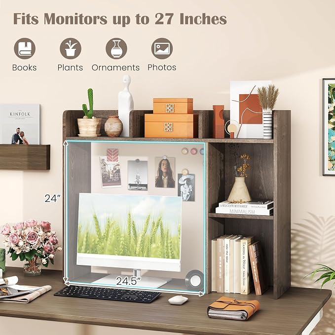 Giantex Desktop Bookshelf, Wood Desk Hutch Organizer for 27 Inch Computer Monitor, Countertop Storage Display Rack with 5 Shelves, Multipurpose Desktop Shelf Bookcase for Dorm Office Home (Grey Oak)
