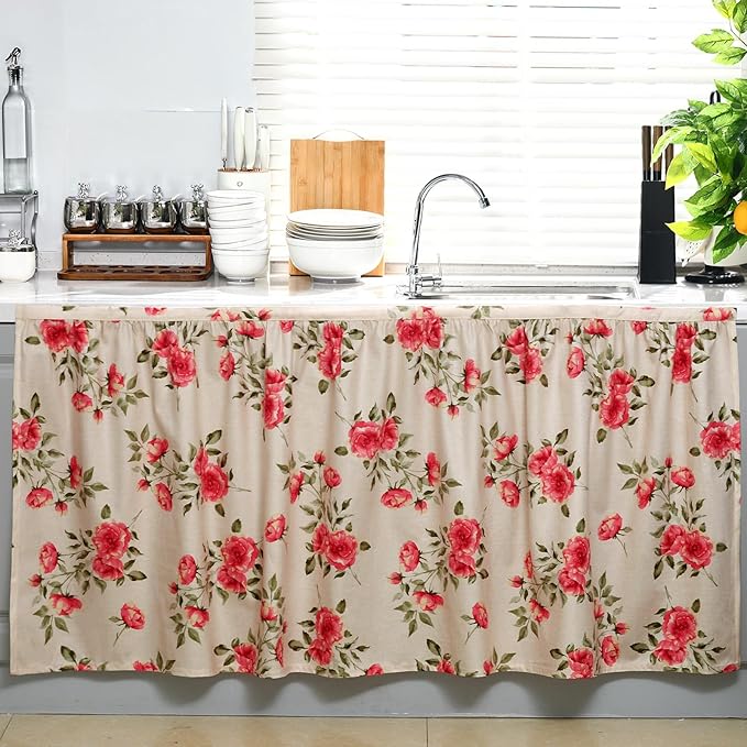 VitalCozy Cabinet Curtains 28" W x 51" L Sink Skirt for Bathroom Kitchen Vintage Rose Floral Cabinet Curtains for Classroom Home Farmhouse Rustic Drape Under Desk Privacy Drape for Laundry Room