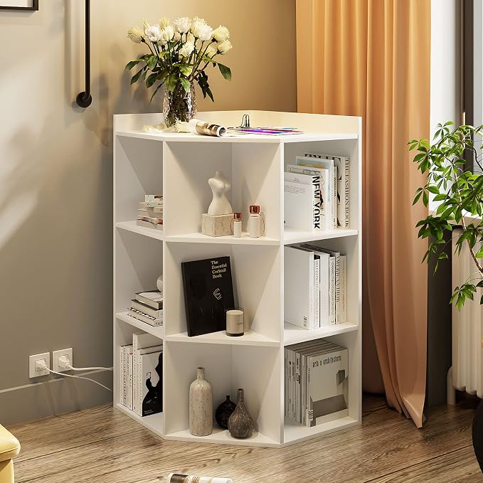 HedoAjim Corner Cabinet, Corner Storage Shelf with USB Ports and Outlets Industrial Organizer for Small Space Wooden 9-Cubby Bookshelf for Study, Playroom, Living Room (White)