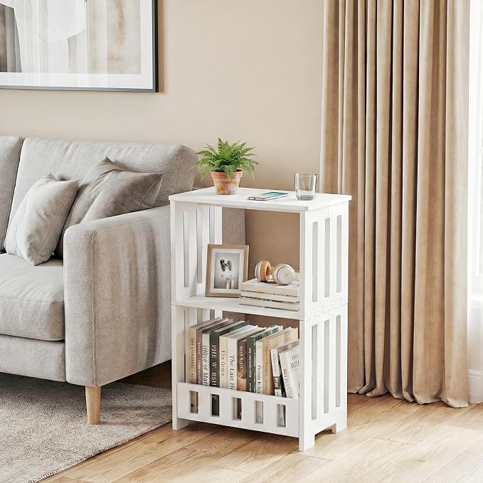 HAYOFAMY 3-Tier End Table Night Stand Set of 2, White Side Table with Storage Shelf, Small Bookshelf Bedside Table for Bedroom, Living Room, Office, Bathroom