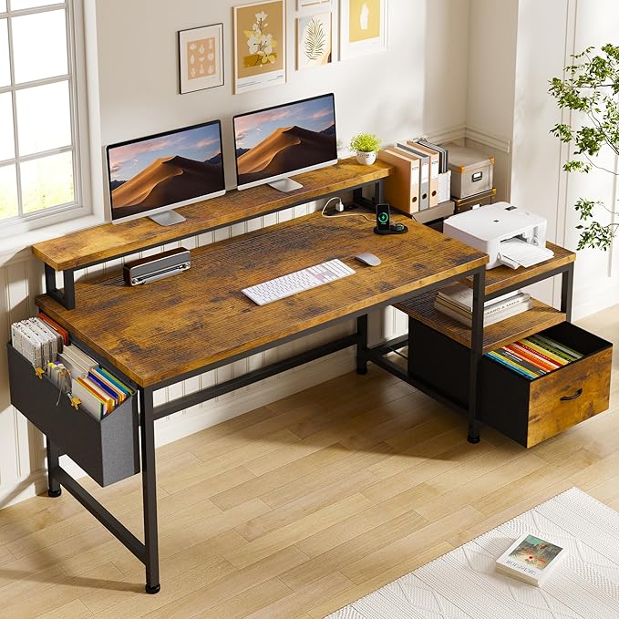 EnHomee 56.5" Office Desk with Drawers and Printer Space,Computer Desk with Power Outlets,Home Office Desks with File Drawers Cabinet,Study and Gaming Desk with Shelves Monitor Stand,Rustic Brown
