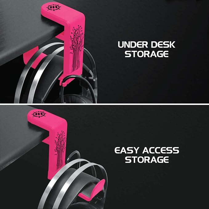 Enhance Gamer Headset Holder with 360 Degree Swivel Arm, Universal Table and Desk Clamp with Integrated Cable Storage – Pink
