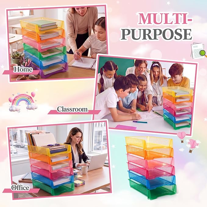 Geetery Set of 6 Plastic Trays for Teachers Turn in Trays Classroom Stackable Paper Tray Plastic Classroom Teachers Desk Letter Organizer Storage Baskets for Office, Desk, Home (Clear Mixed Color)
