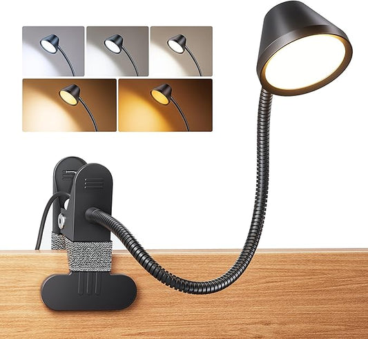 LEPOWER Clip on Light, 7W Reading Lights for Books in Bed with 5 Colors & Stepless Dimming, RG0 Eye-Care, Amber Glow Light & Auto Timer, Strong Clamp with Adapter for Headboard, Bedside, Desk, Black