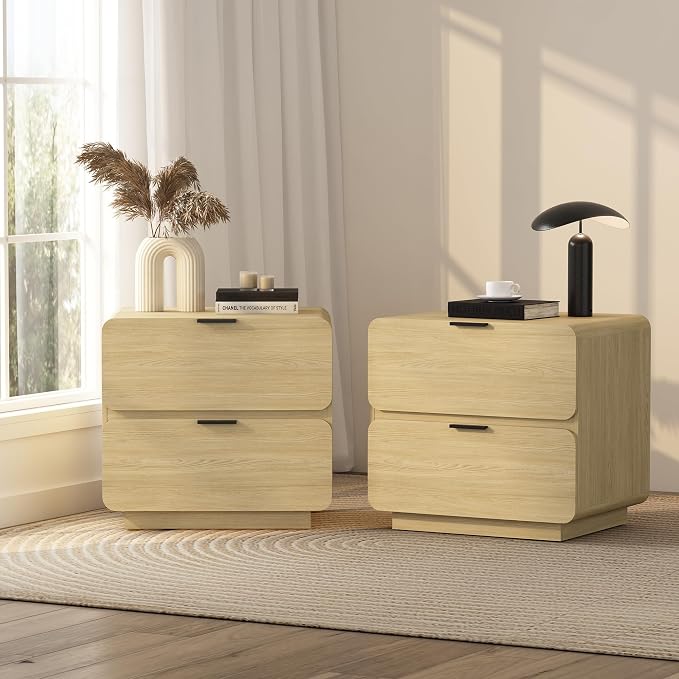 Manhattan Comfort Chrystie Fluted Nightstand 26" Bedside Table with 2 Full Extension Drawers and Metal Handles, Rounded Corners, Wood Grain Finish, Set of 2 for Bedroom or Living Room in Natural