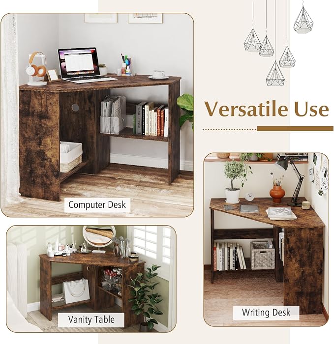 Giantex Corner Desk, Space-Saving Triangle Computer Desk with Storage Shelves & CPU Stand, Modern Makeup Vanity Table for Bedroom, Writing Desk for Small Spaces (Rustic Brown)