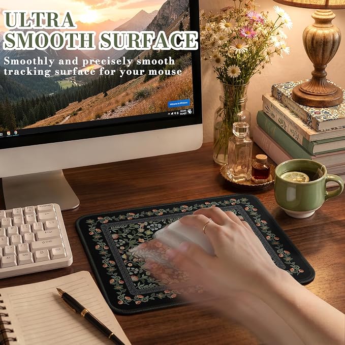 iCasso Aesthetic Small Floral Mouse Pad, Mini Portable Travel Mousepad, Anti-Slip and Comfortable Cloth Mouse Mat 7.9"x9.5" with Stitched Edges for Computer, Laptop, Office, Home(Black)