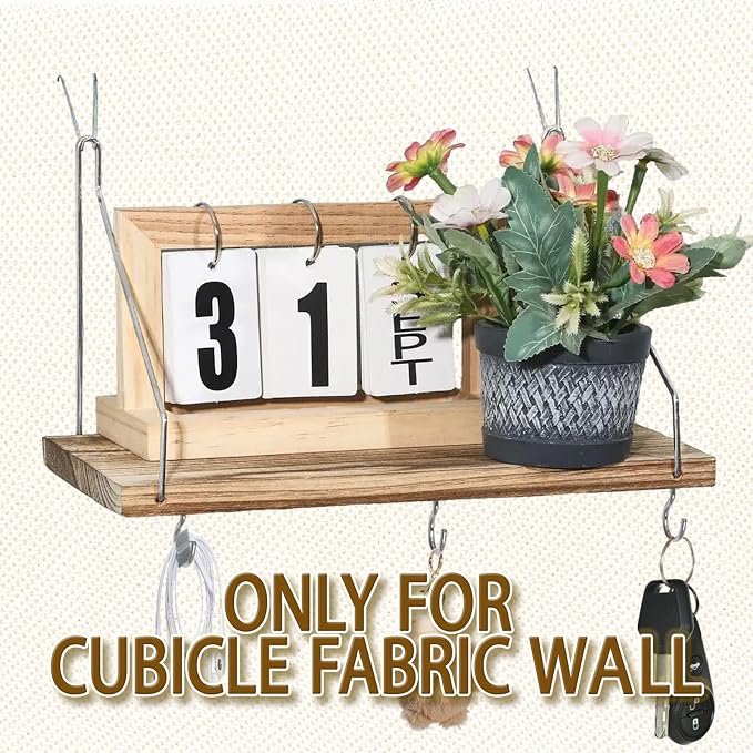 2-Pack Cubicle Shelf For Fabric Walls With Hooks：12x6.0in Wooden Cubicle Shelf Hanging Organizer Silver shelves for Accessories Office Stylish Ations cubical Decorations For Women Desk work storage