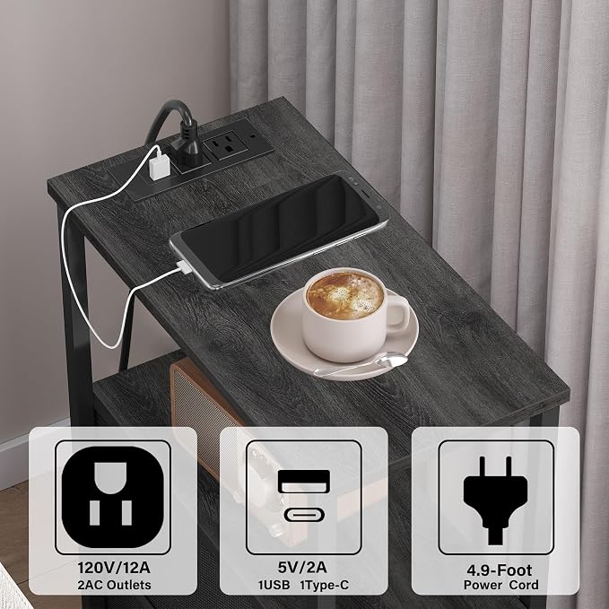 TUTOTAK Small Narrow LED End Table with Charging Station, Side Table Outlets, Nightstand with Cloth Drawer, Set of 2, Couch Table, for Living Room, Bedroom, Bedside, Charcoal Grey TB01BY059