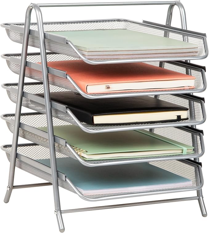Mind Reader 5-Tier Paper Tray Organizer, Vertical Desktop File Storage Rack, Office, Metal Mesh, Silver