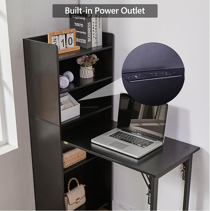 Foldable Desk with Storage,Hidden Desk with Built-in Socket,Fold Out Writing Table for Small Spaces,Home Office and Bedroom (Black)